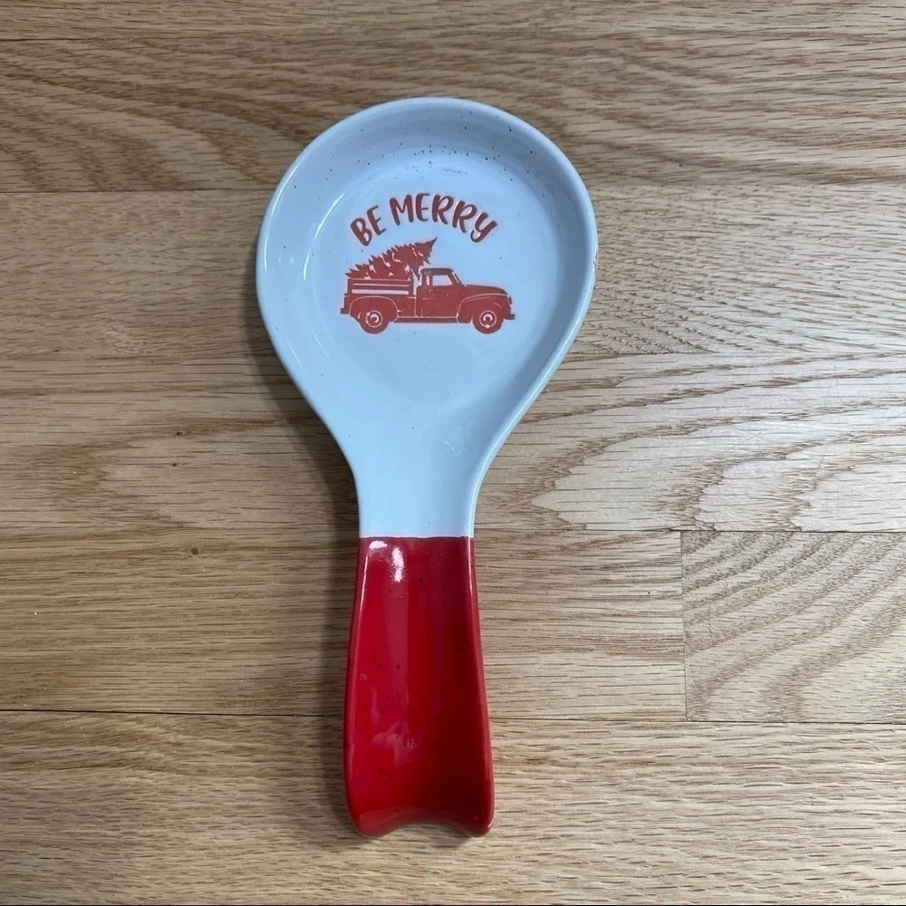 Be Merry Ceramic Spoon Rest Truck Tree White Red NWT